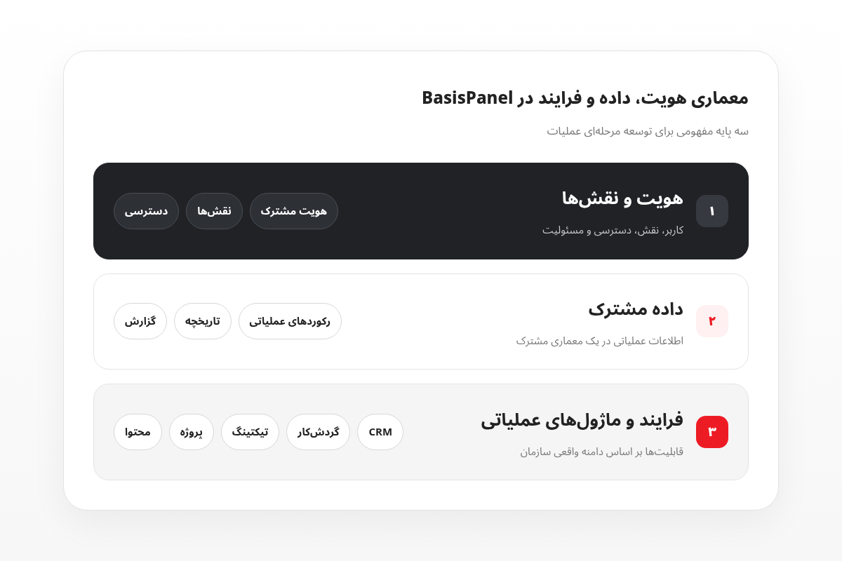 نمای مفهومی سه لایه هویت، داده و فرایندهای عملیاتی در BasisPanel